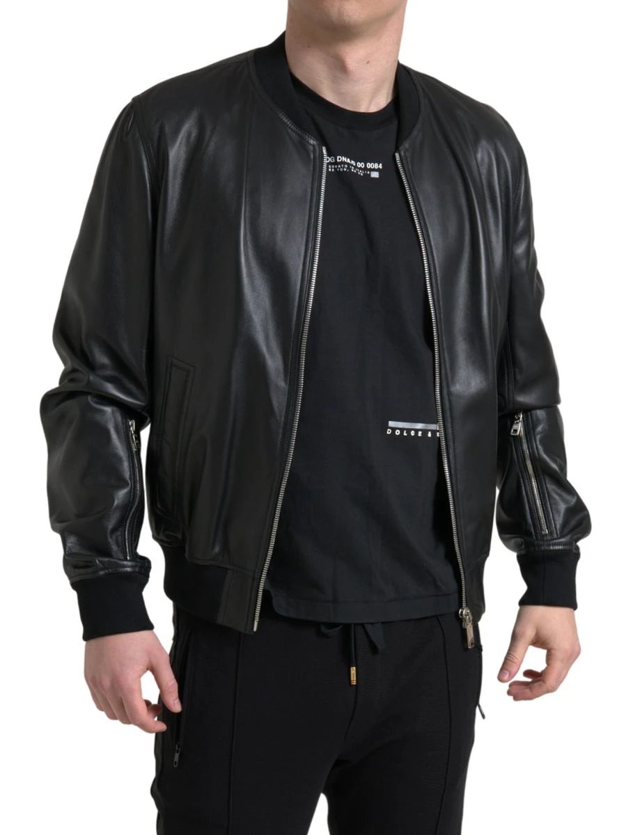 Dolce & Gabbana Black Leather Full Zip Bomber Men Jacket by Dolce & Gabbana