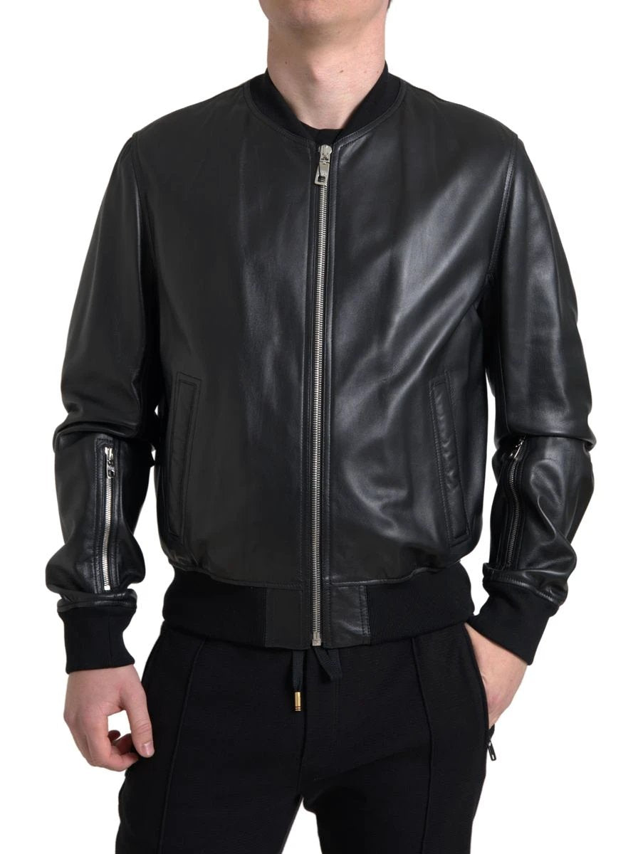Dolce & Gabbana Black Leather Full Zip Bomber Men Jacket by Dolce & Gabbana
