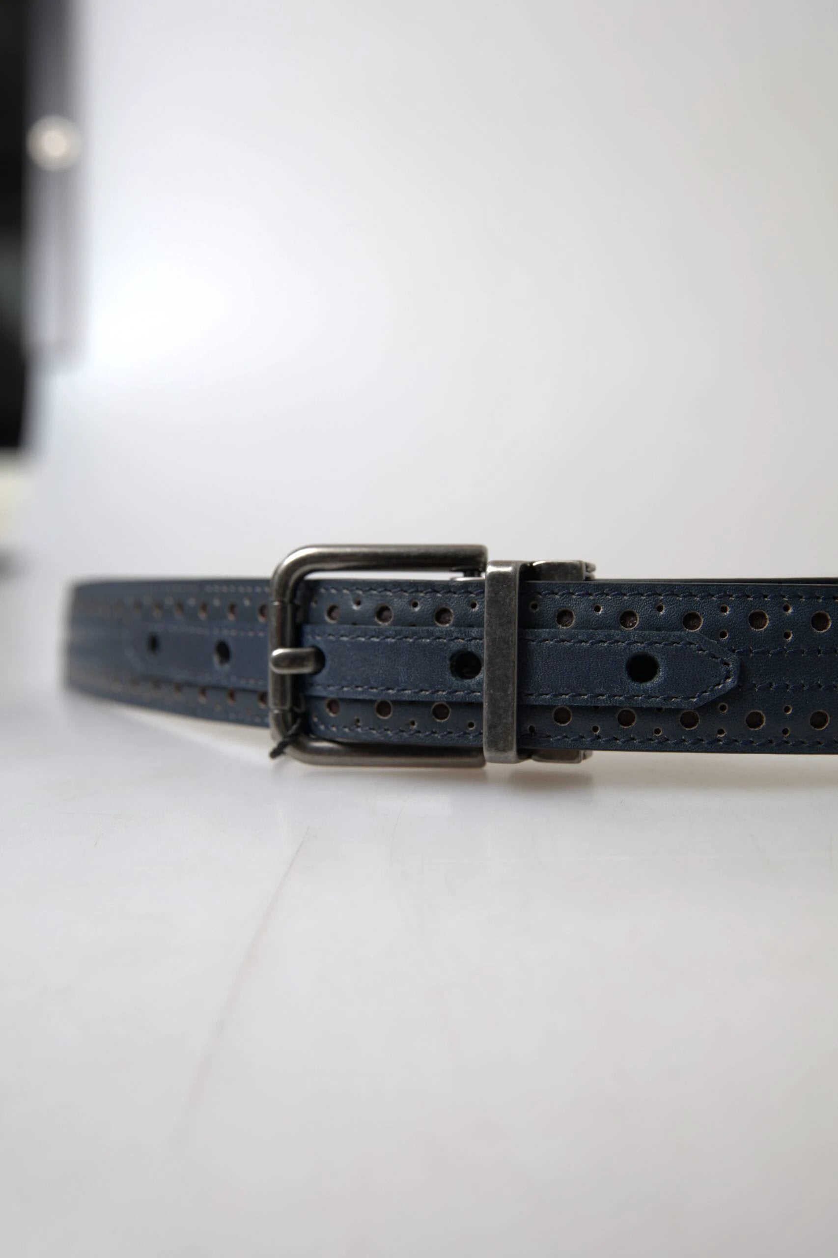Dolce & Gabbana Blue Leather Perforated Metal Buckle Belt by Dolce & Gabbana