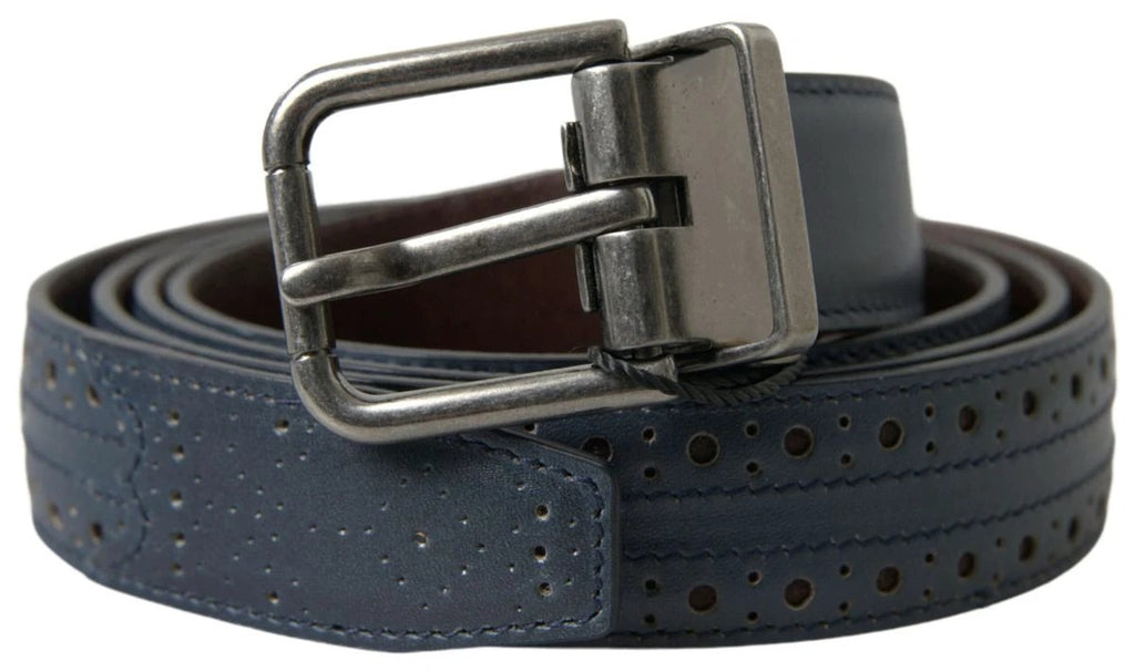 Dolce & Gabbana Blue Leather Perforated Metal Buckle Belt by Dolce & Gabbana