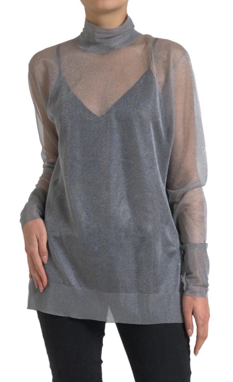 Dolce & Gabbana Gray Mesh Turtleneck Long Sleeve Blouse Top by Dolce & Gabbana