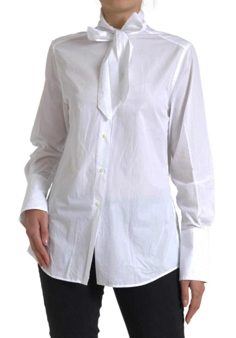 Dolce & Gabbana White Cotton Ascot Collar Long Sleeves Top by Dolce & Gabbana