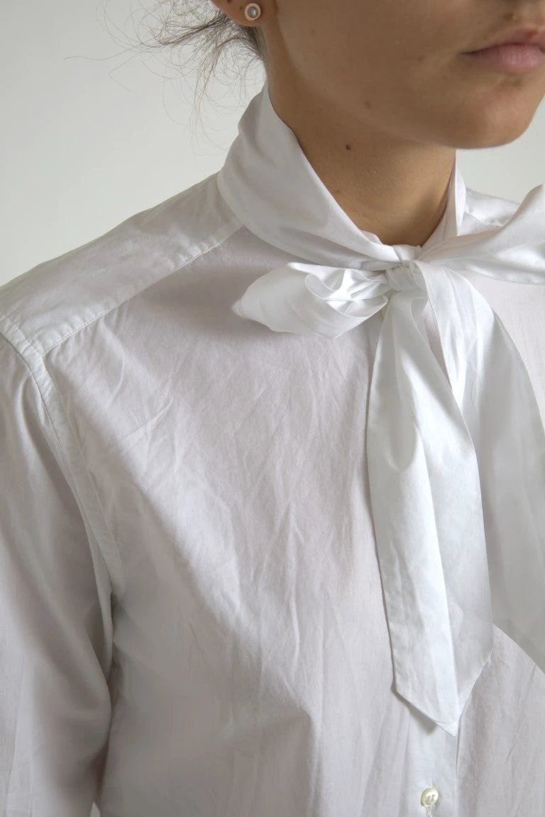 Dolce & Gabbana White Cotton Ascot Collar Long Sleeves Top by Dolce & Gabbana