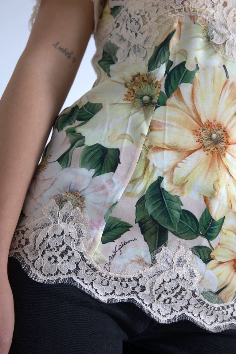 Dolce & Gabbana Multicolor Floral Lace V Neck Blouse by Dolce & Gabbana