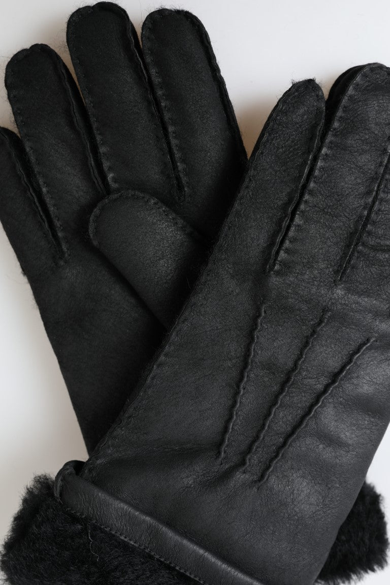 Dolce & Gabbana Black Leather Fur Short Hands Mitten Men Gloves by Dolce & Gabbana