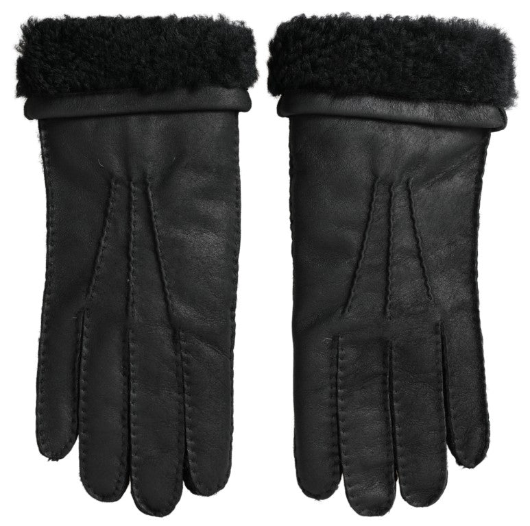 Dolce & Gabbana Black Leather Fur Short Hands Mitten Men Gloves by Dolce & Gabbana