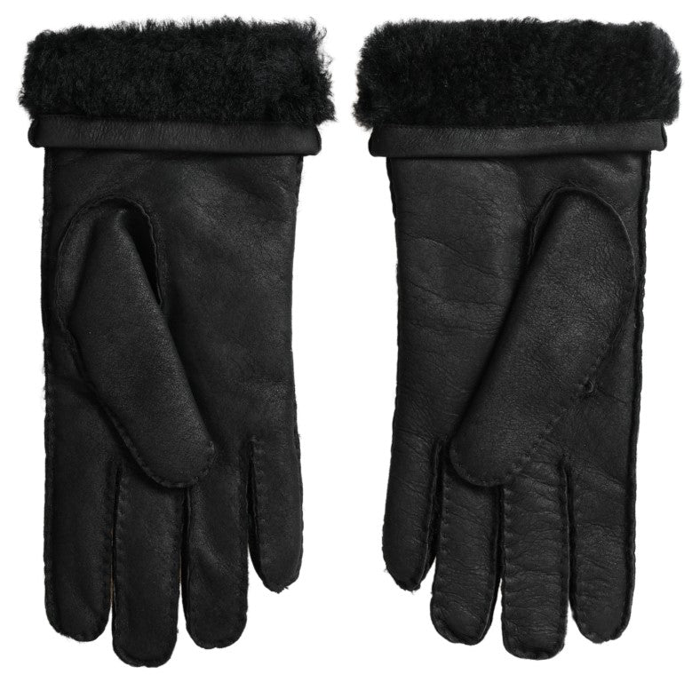 Dolce & Gabbana Black Leather Fur Short Hands Mitten Men Gloves by Dolce & Gabbana
