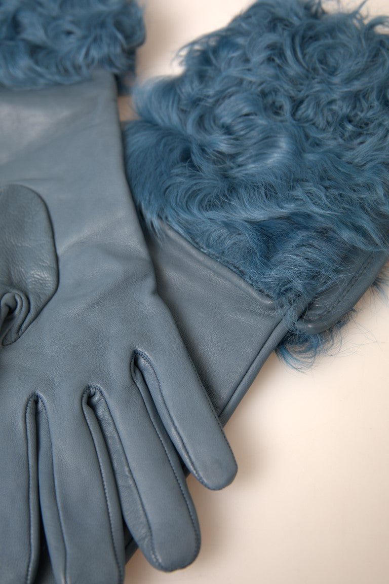 Dolce & Gabbana Blue Leather Fur Mid Arm Length Gloves by Dolce & Gabbana