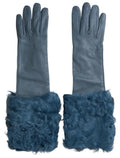 Dolce & Gabbana Blue Leather Fur Mid Arm Length Gloves by Dolce & Gabbana