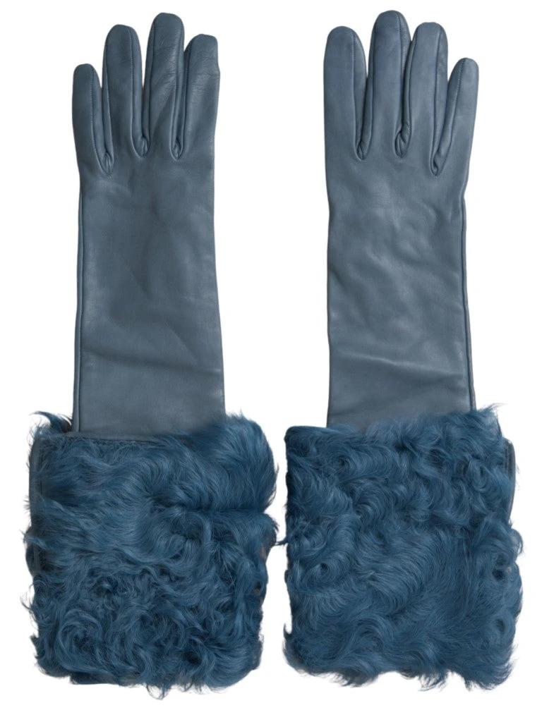 Dolce & Gabbana Blue Leather Fur Mid Arm Length Gloves by Dolce & Gabbana