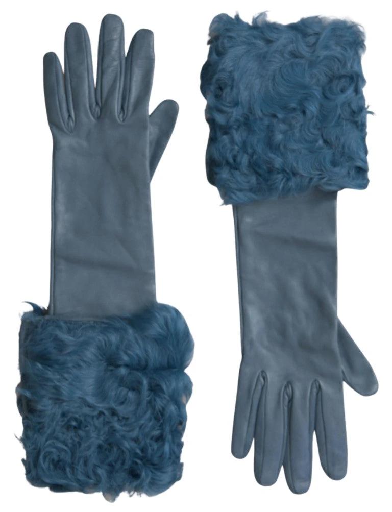 Dolce & Gabbana Blue Leather Fur Mid Arm Length Gloves by Dolce & Gabbana