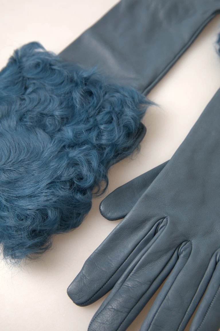 Dolce & Gabbana Blue Leather Fur Mid Arm Length Gloves by Dolce & Gabbana