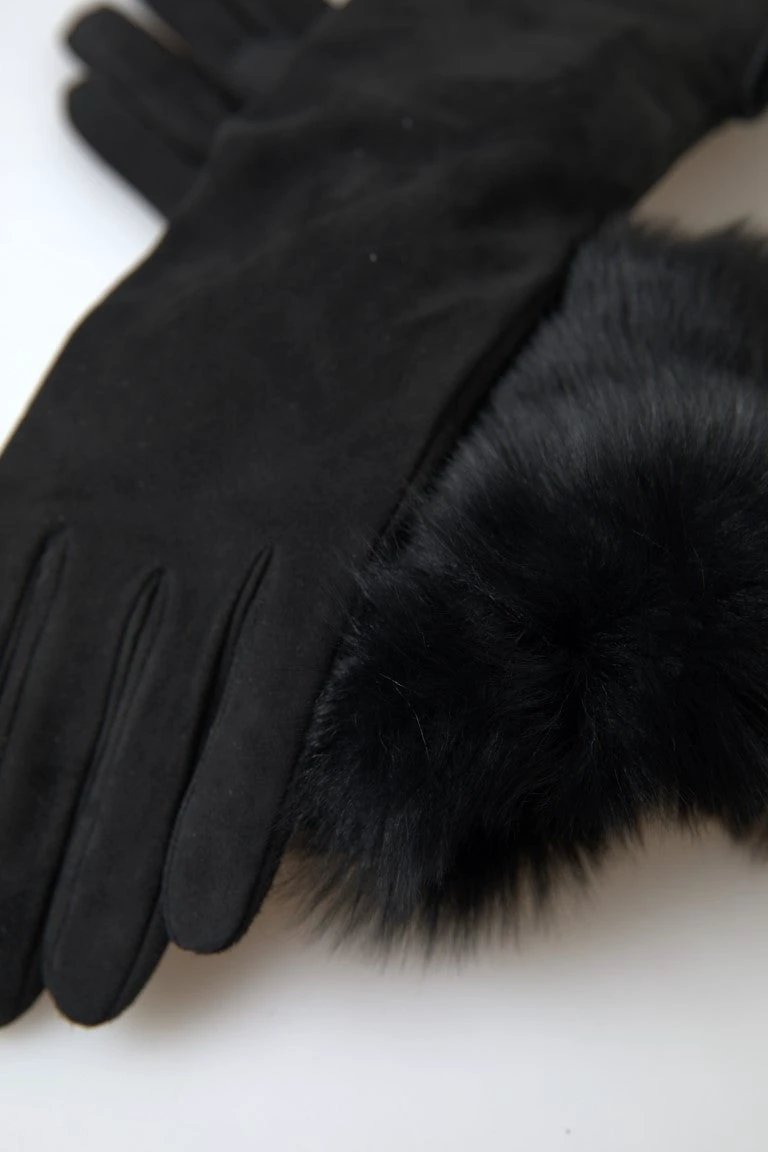 Dolce & Gabbana Black Leather Fur Elbow Length Gloves by Dolce & Gabbana