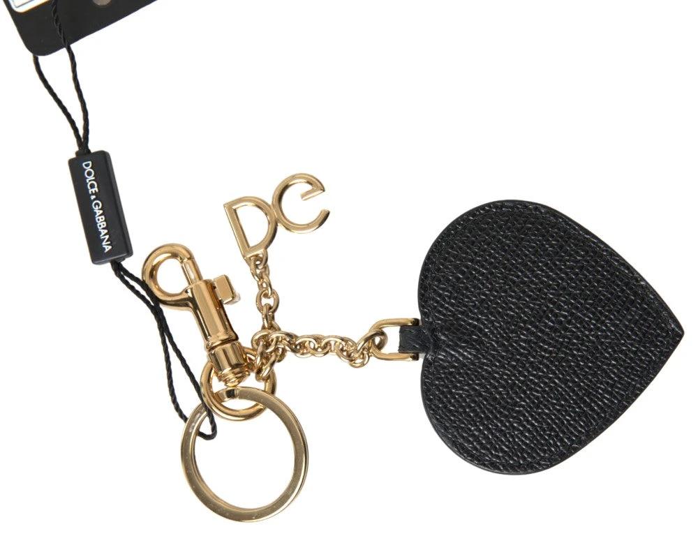 Dolce & Gabbana Black Fuchsia Heart Leather Gold Metal Keyring Keychain by Dolce & Gabbana