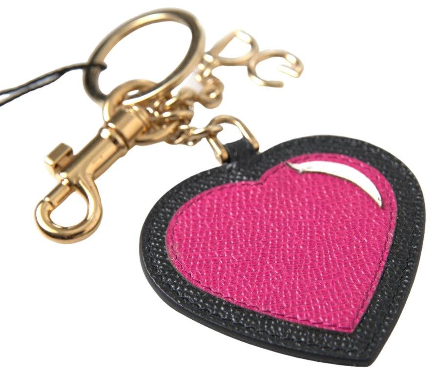 Dolce & Gabbana Black Fuchsia Heart Leather Gold Metal Keyring Keychain by Dolce & Gabbana