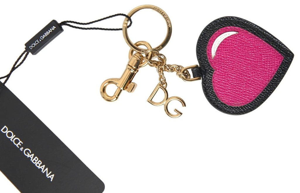 Dolce & Gabbana Black Fuchsia Heart Leather Gold Metal Keyring Keychain by Dolce & Gabbana
