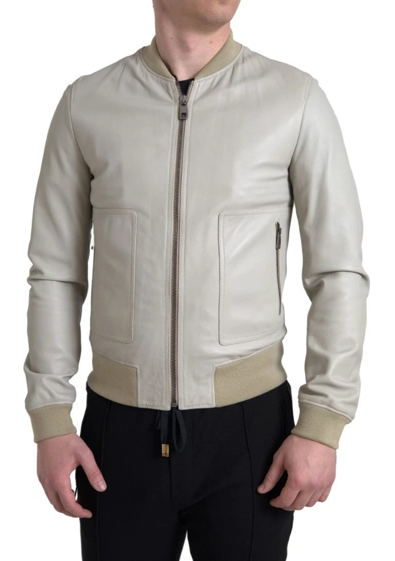 Dolce & Gabbana Cream Leather Bomber Blouson Full Zip Jacket by Dolce & Gabbana