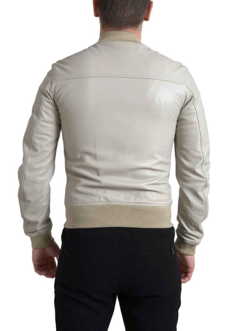 Dolce & Gabbana Cream Leather Bomber Blouson Full Zip Jacket by Dolce & Gabbana