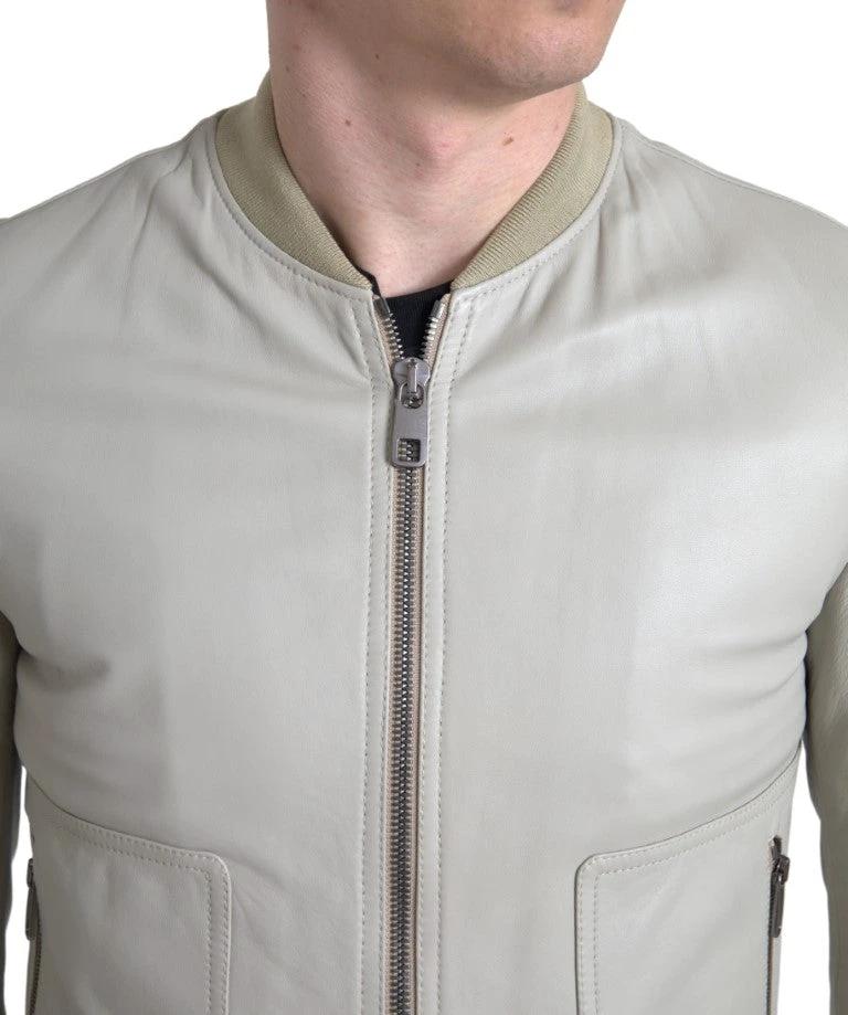 Dolce & Gabbana Cream Leather Bomber Blouson Full Zip Jacket by Dolce & Gabbana