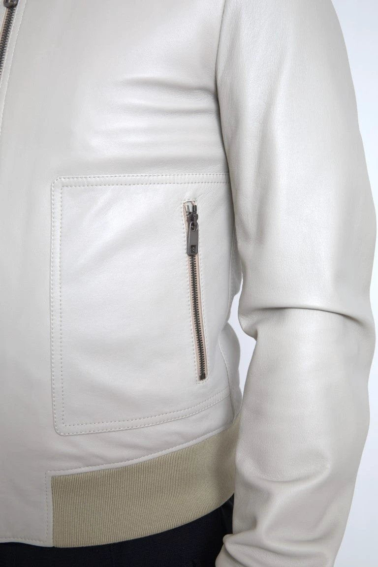 Dolce & Gabbana Cream Leather Bomber Blouson Full Zip Jacket by Dolce & Gabbana