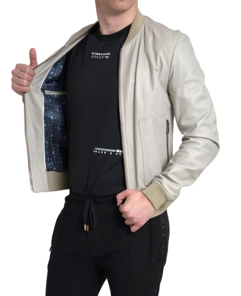 Dolce & Gabbana Cream Leather Bomber Blouson Full Zip Jacket by Dolce & Gabbana