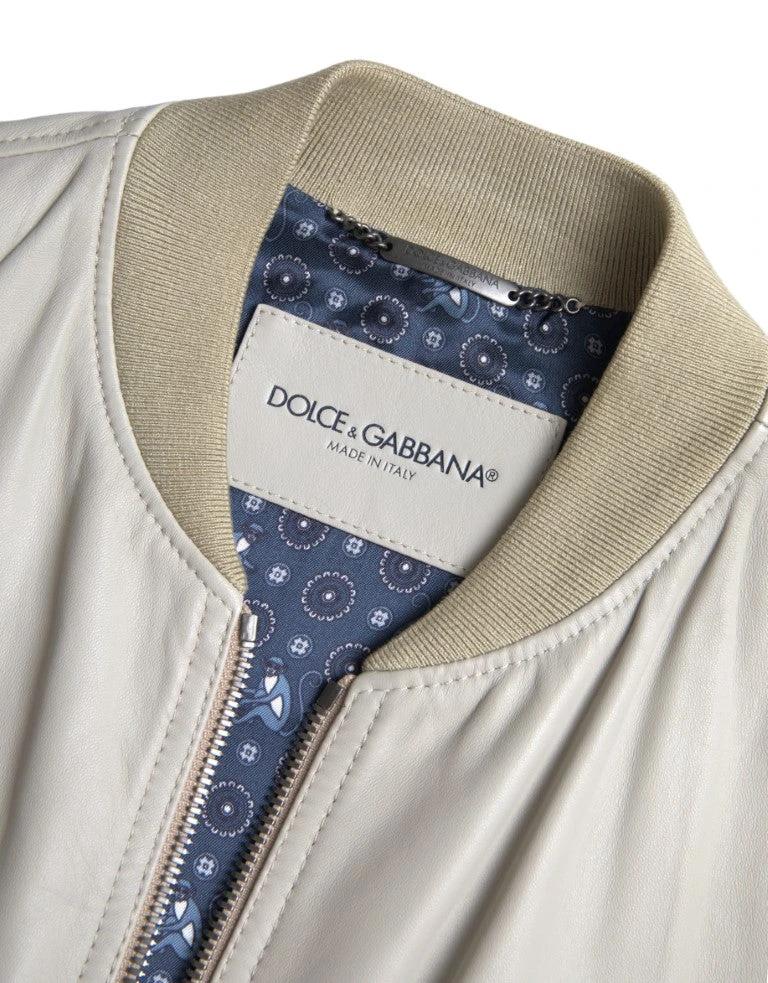 Dolce & Gabbana Cream Leather Bomber Blouson Full Zip Jacket by Dolce & Gabbana