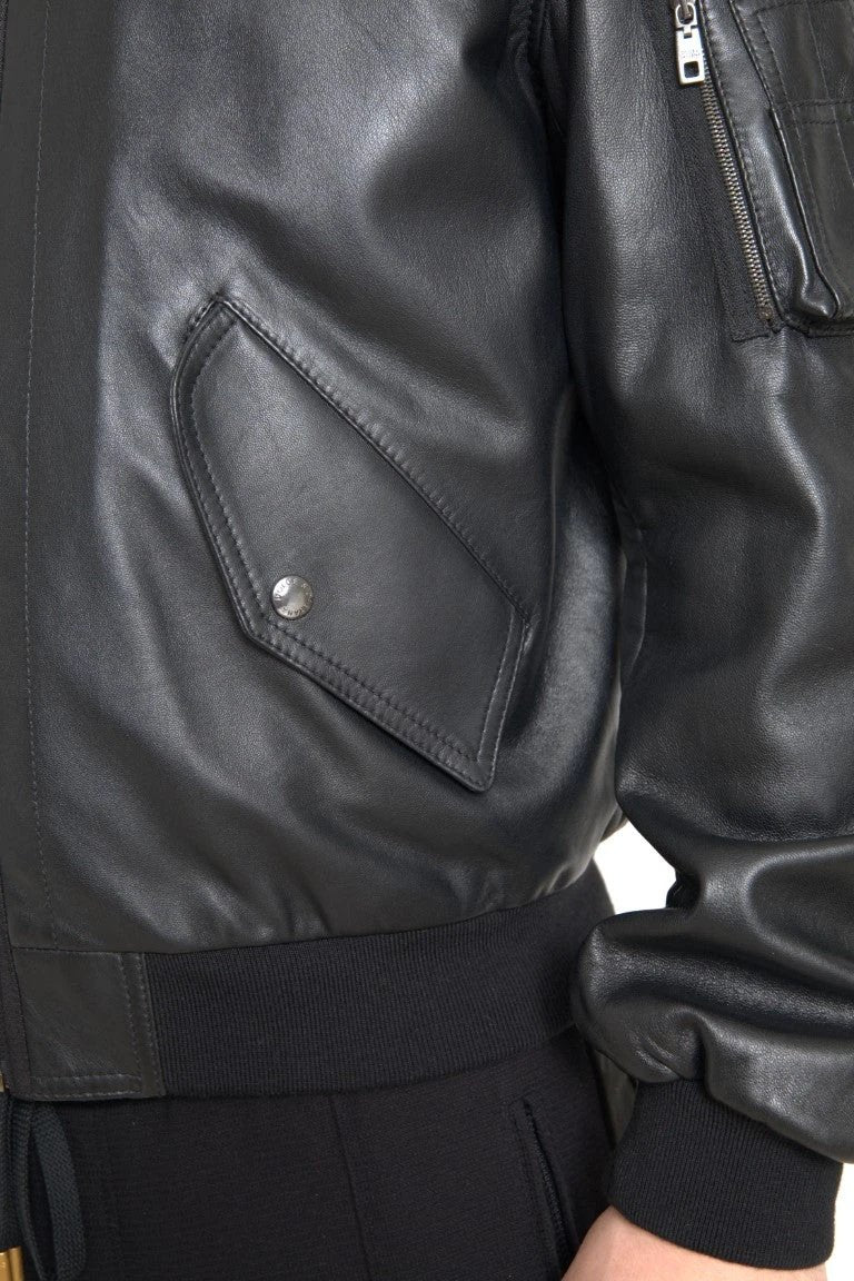 Dolce & Gabbana Black Leather Blouson Full Zip Bomber Jacket by Dolce & Gabbana