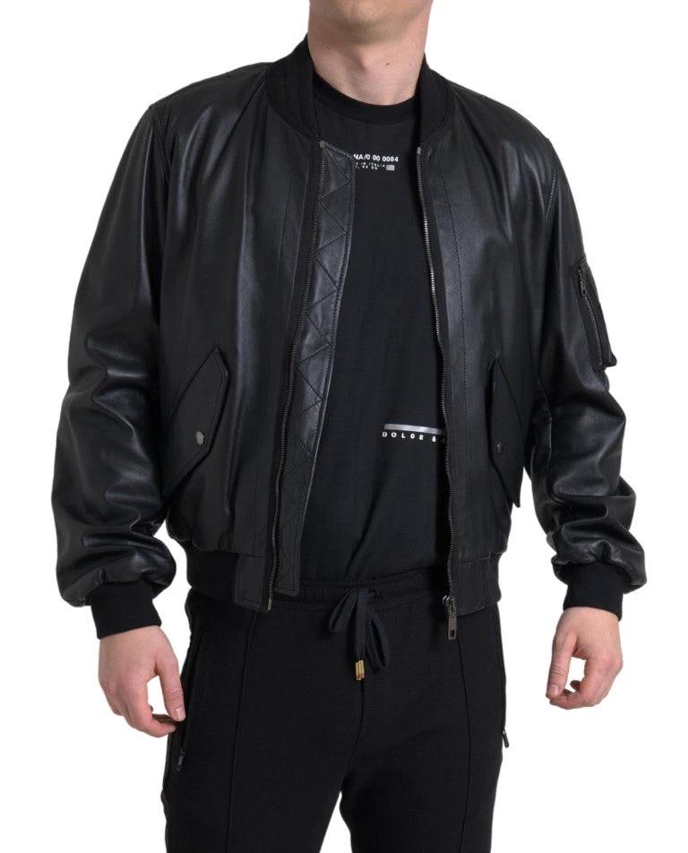 Dolce & Gabbana Black Leather Blouson Full Zip Bomber Jacket by Dolce & Gabbana