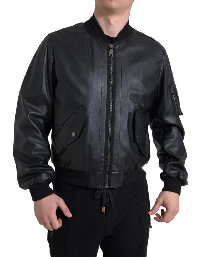 Dolce & Gabbana Black Leather Blouson Full Zip Bomber Jacket by Dolce & Gabbana