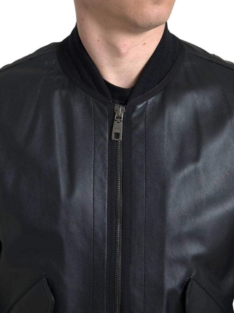 Dolce & Gabbana Black Leather Blouson Full Zip Bomber Jacket by Dolce & Gabbana
