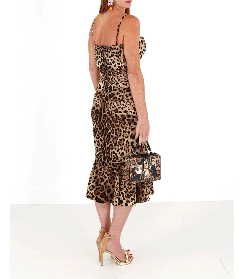 Dolce & Gabbana Brown Leopard Print Ruched Midi Dress by Dolce & Gabbana