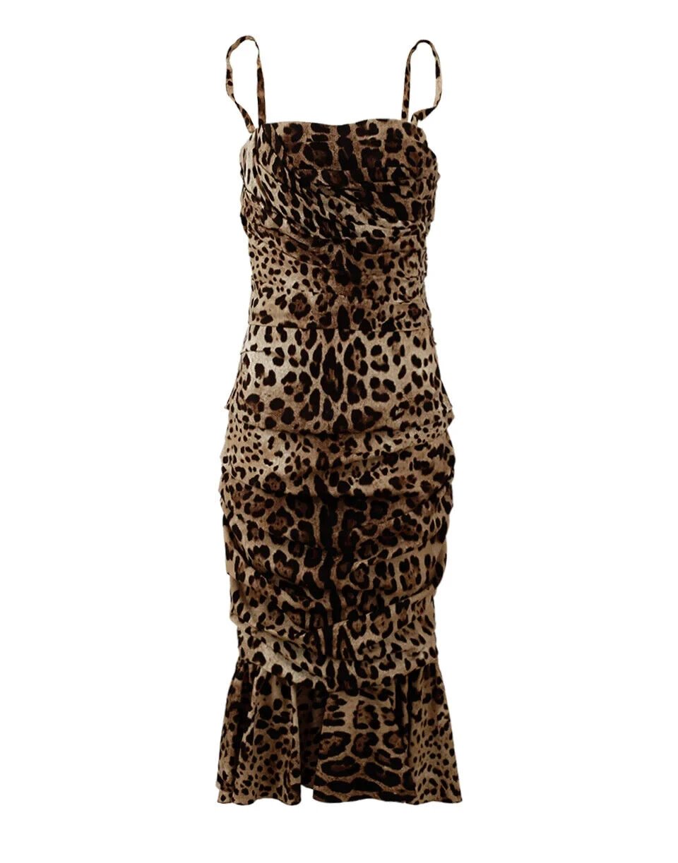 Dolce & Gabbana Brown Leopard Print Ruched Midi Dress by Dolce & Gabbana