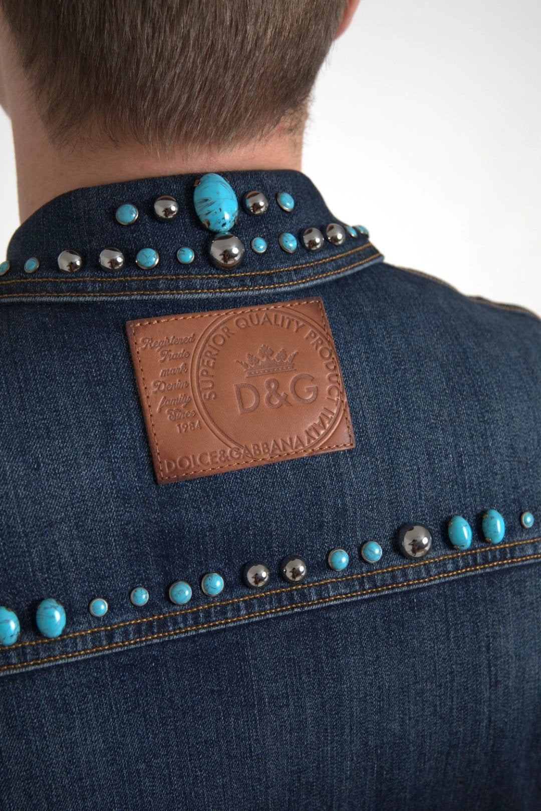 Dolce & Gabbana Blue Denim Turquoise Stones Studded Jacket by Dolce & Gabbana