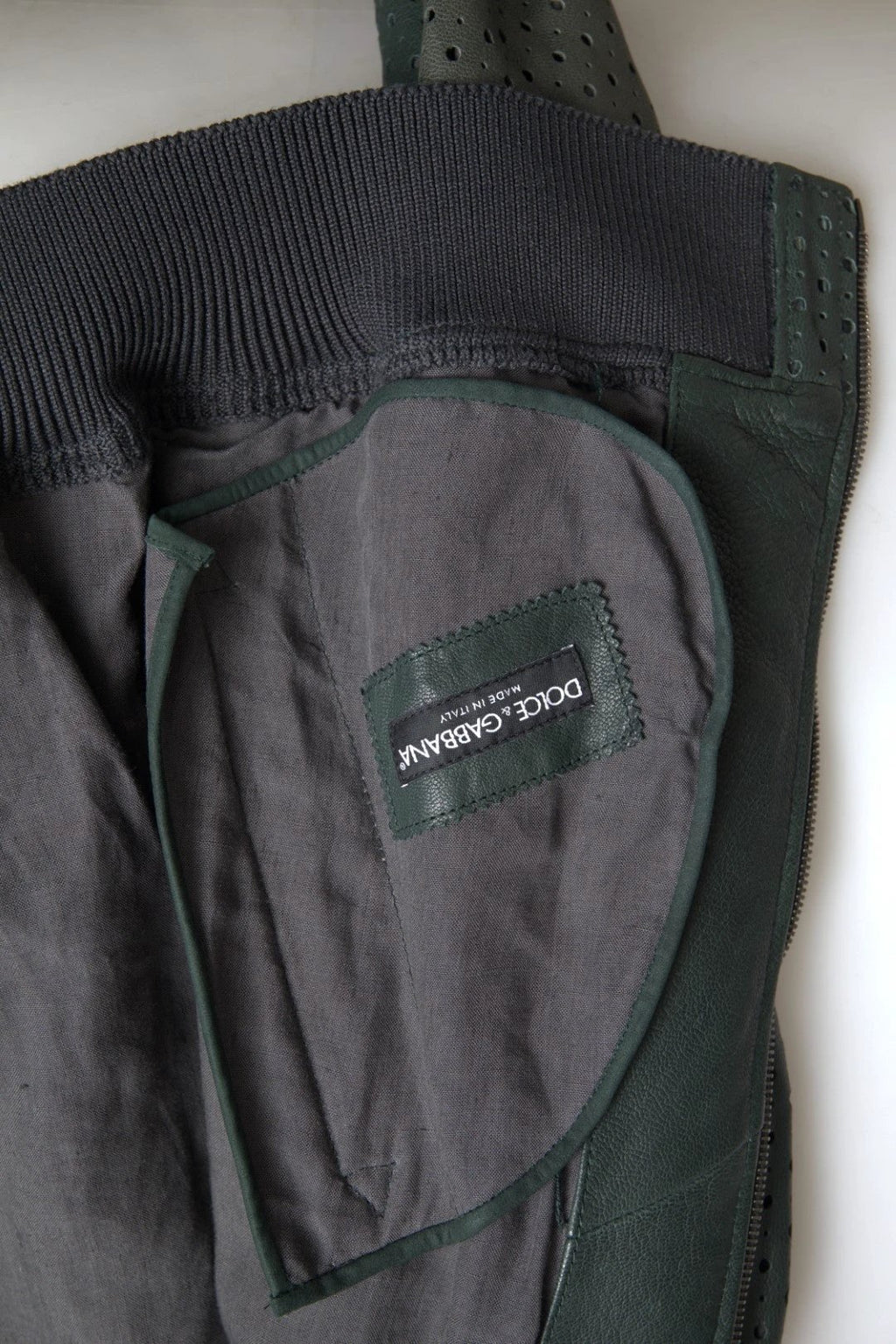 Dolce & Gabbana Green Perforated Leather Bomber Jacket by Dolce & Gabbana