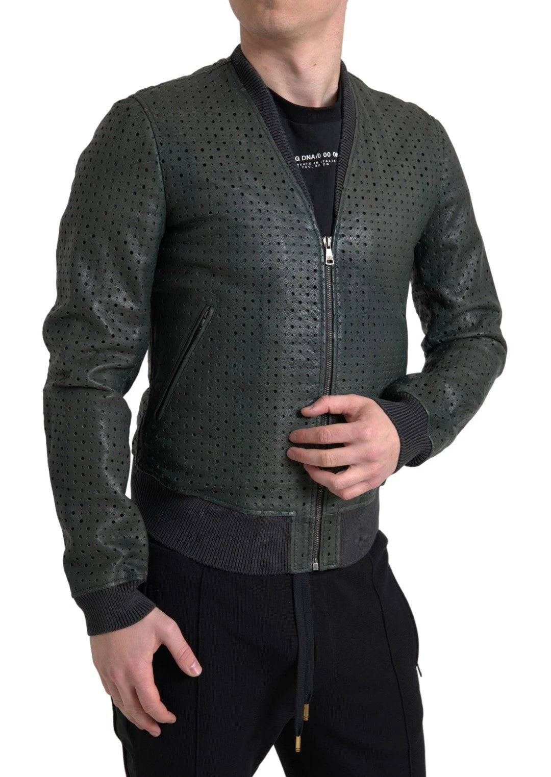Dolce & Gabbana Green Perforated Leather Bomber Jacket by Dolce & Gabbana