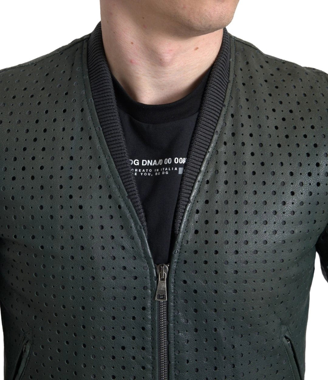 Dolce & Gabbana Green Perforated Leather Bomber Jacket by Dolce & Gabbana