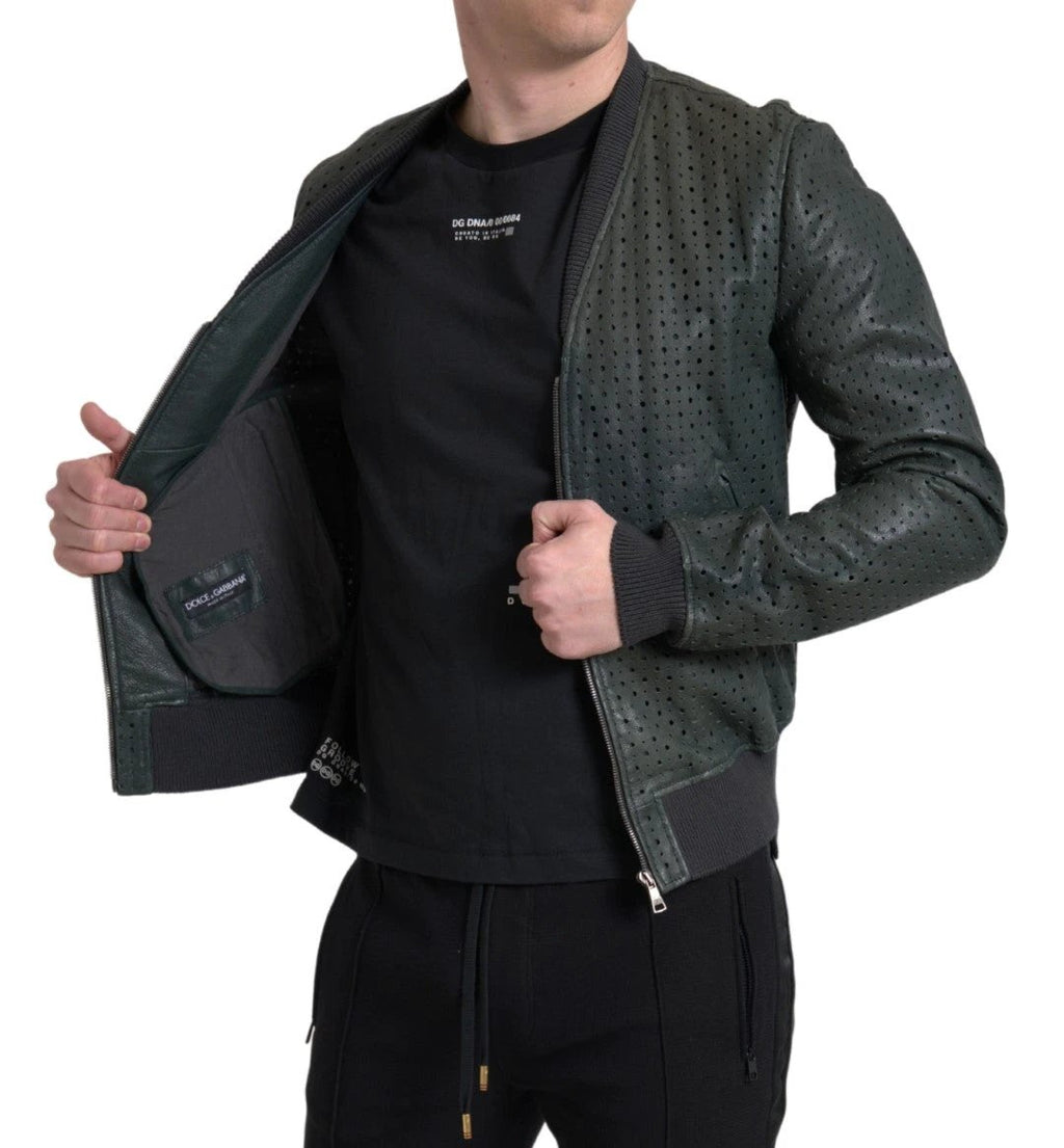 Dolce & Gabbana Green Perforated Leather Bomber Jacket by Dolce & Gabbana