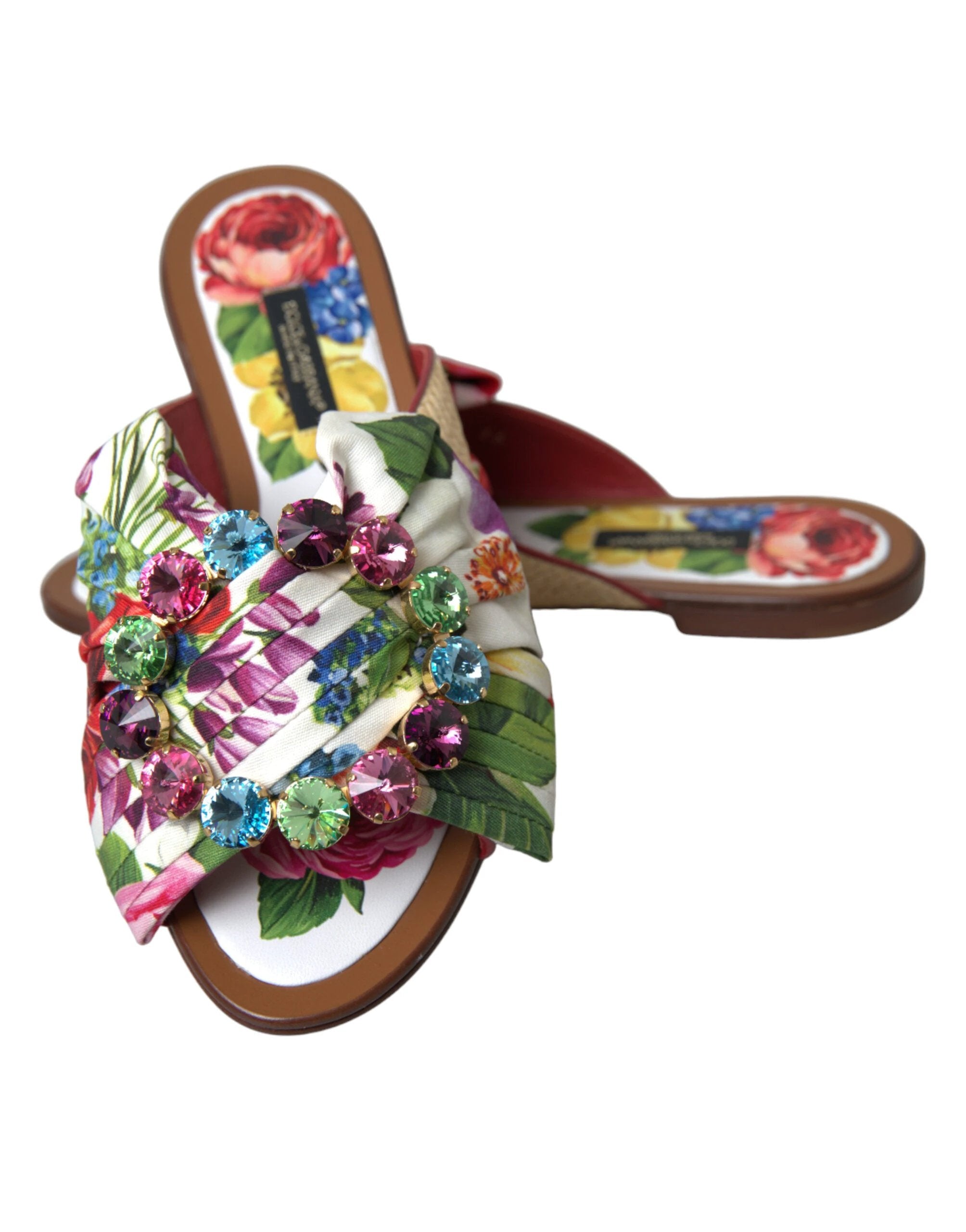 Dolce & Gabbana Multicolor Floral Flats Crystal Sandals Shoes by Dolce & Gabbana
