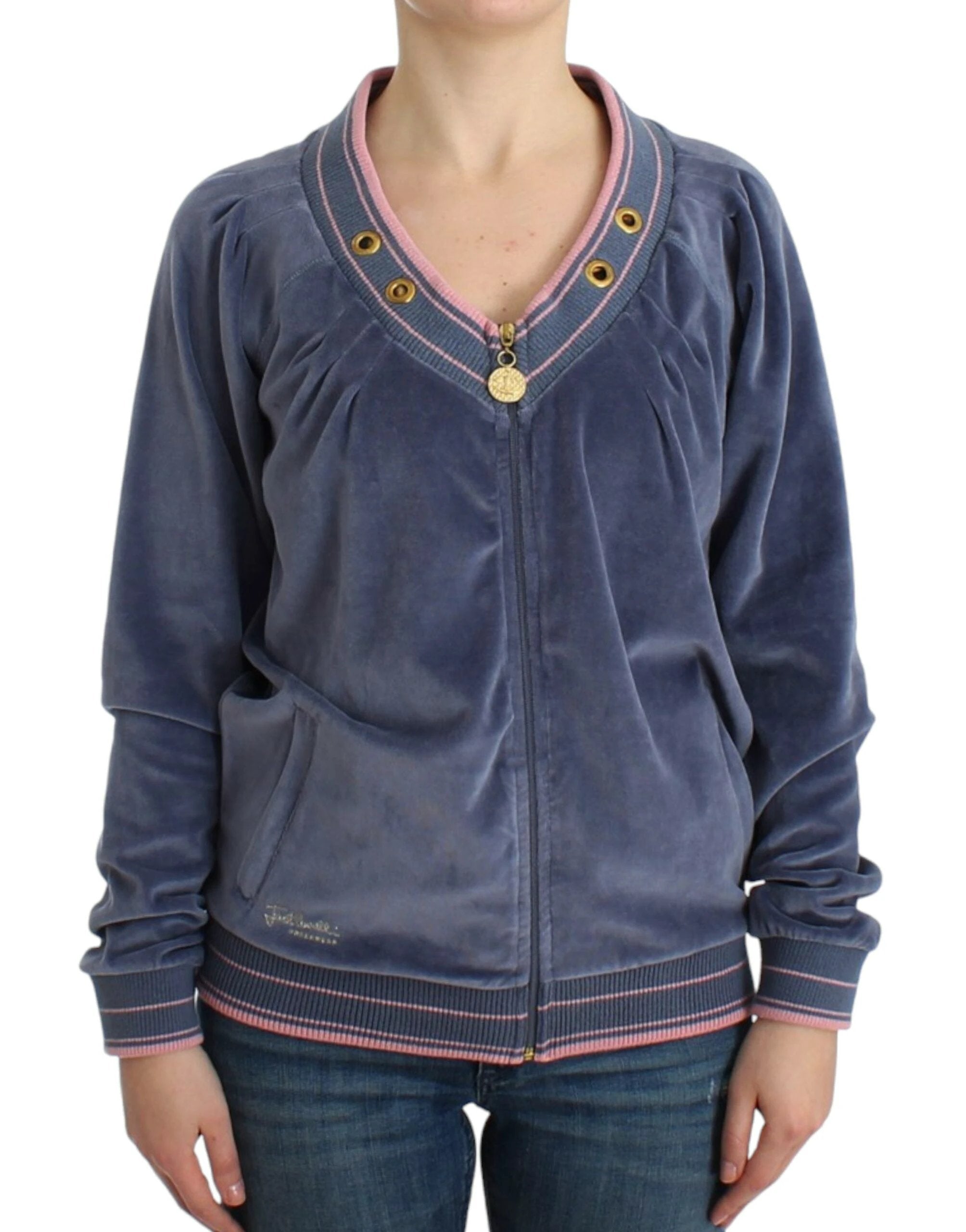Cavalli Blue velvet zipup sweater by Cavalli