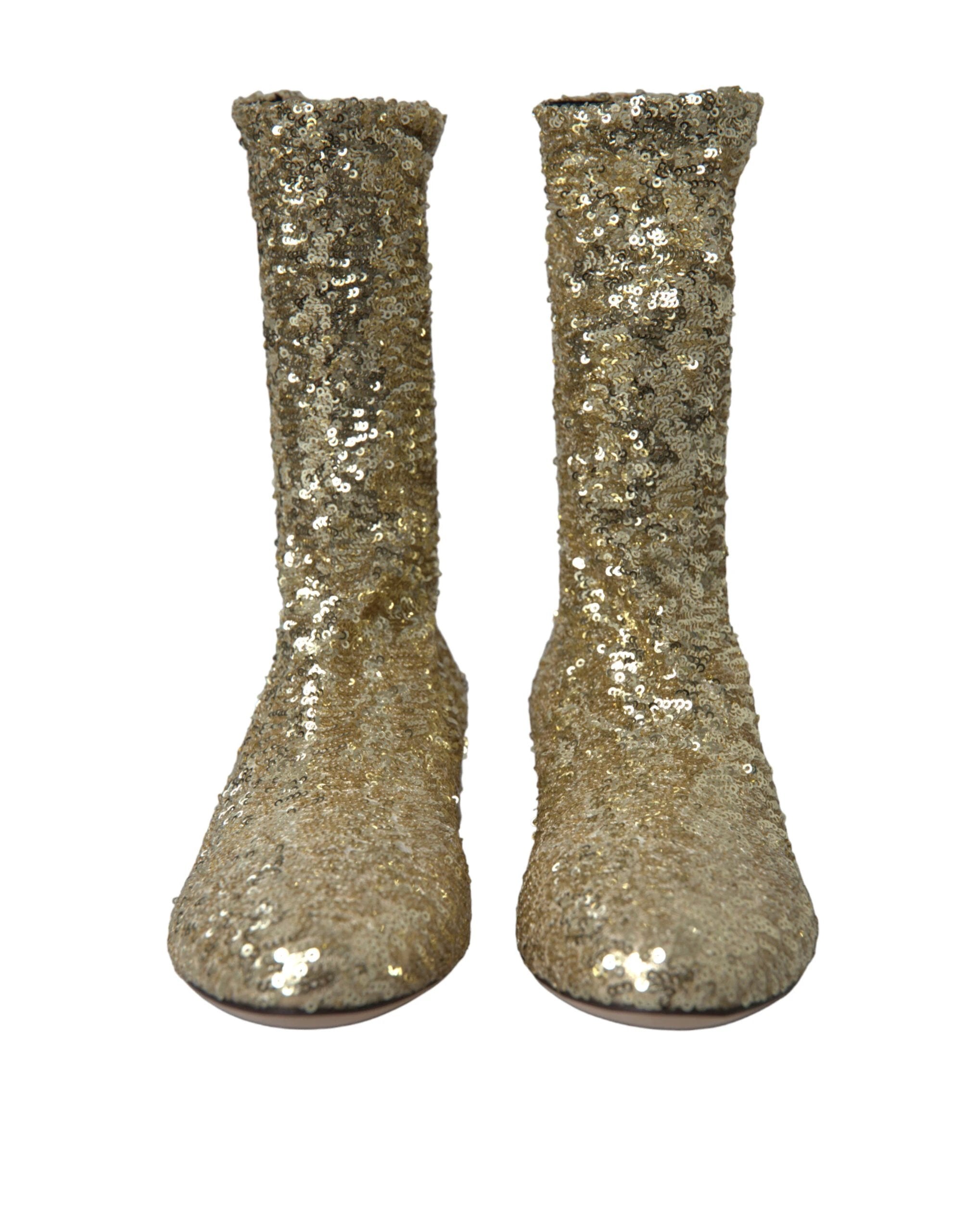 Dolce & Gabbana Gold Sequined Short Boots Stretch Shoes by Dolce & Gabbana