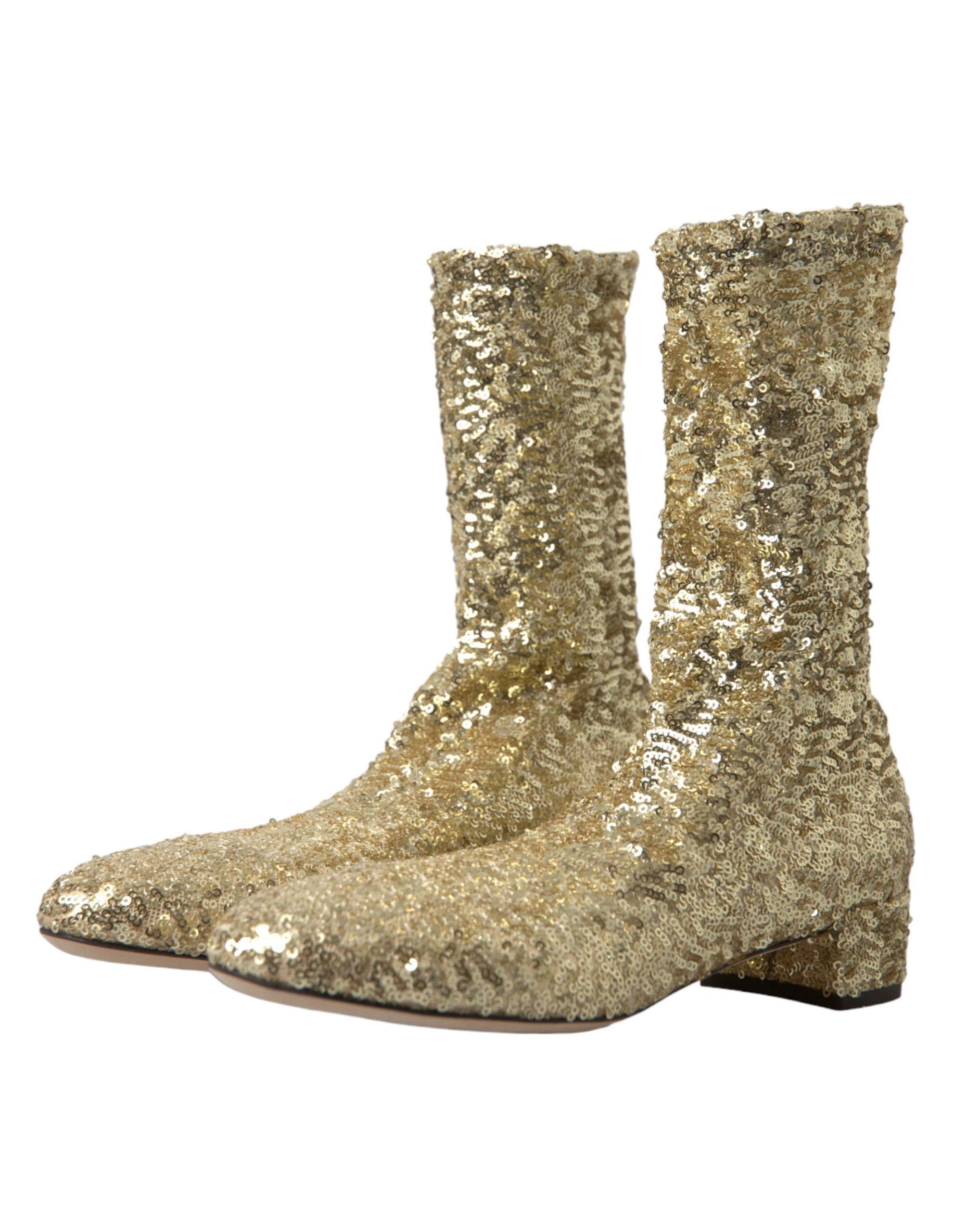 Dolce & Gabbana Gold Sequined Short Boots Stretch Shoes by Dolce & Gabbana