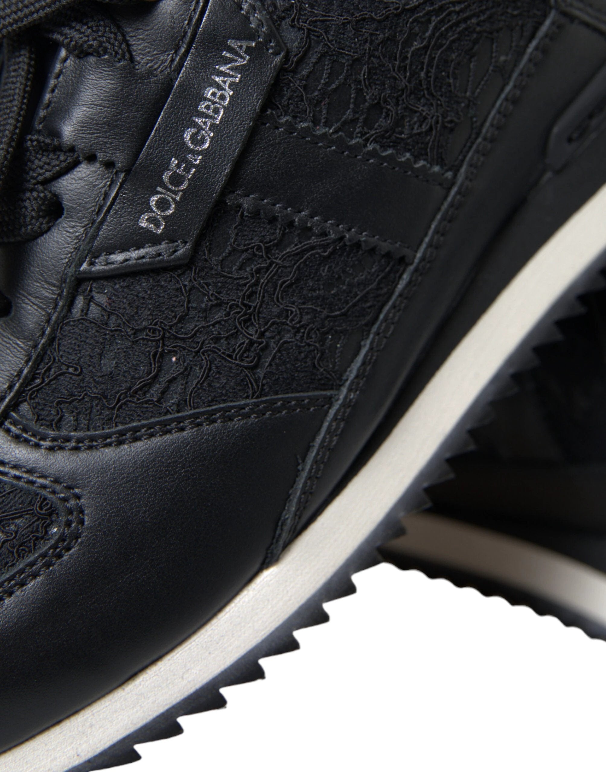 Dolce & Gabbana Black Floral Lace Leather Sneakers Shoes by Dolce & Gabbana