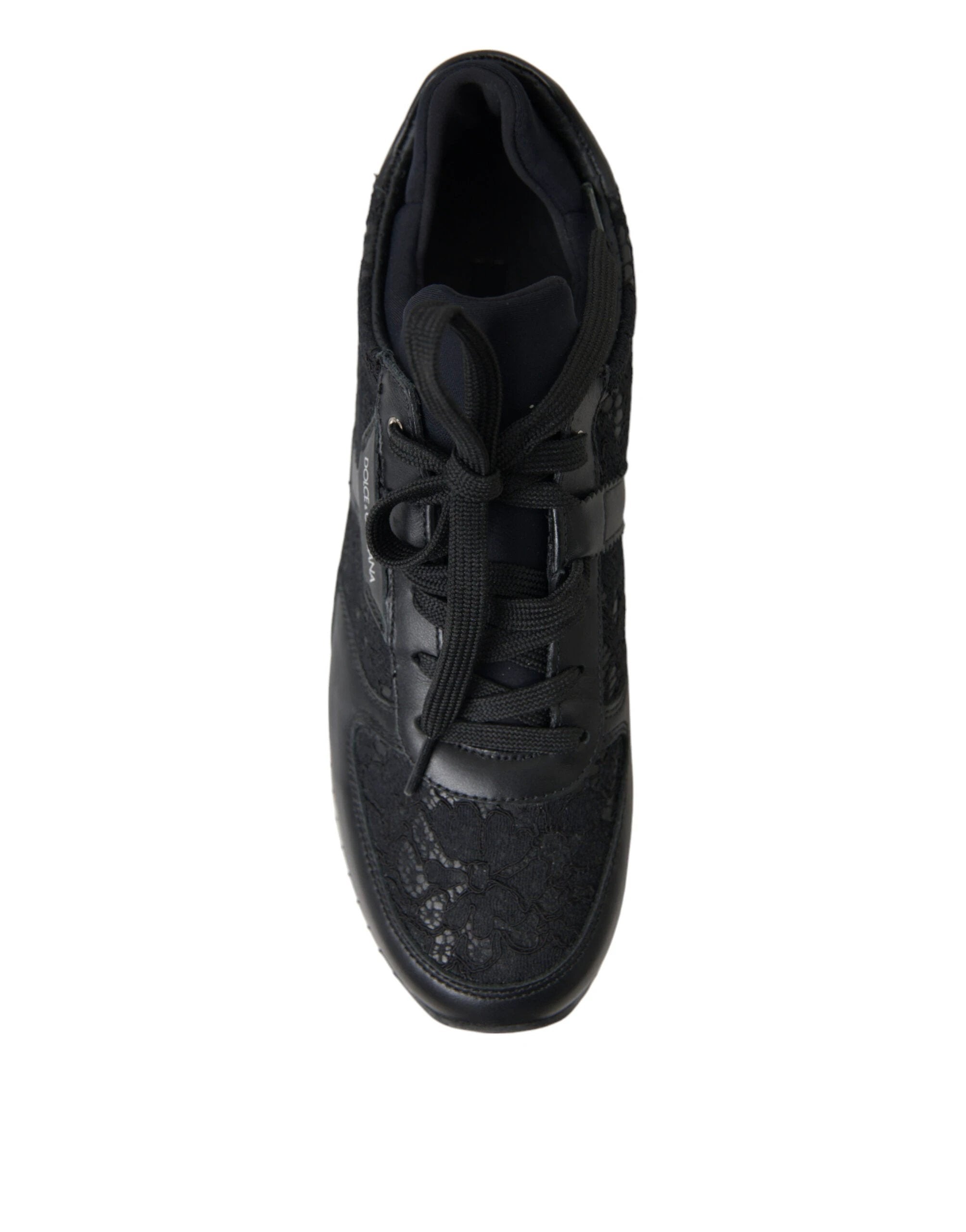 Dolce & Gabbana Black Floral Lace Leather Sneakers Shoes by Dolce & Gabbana