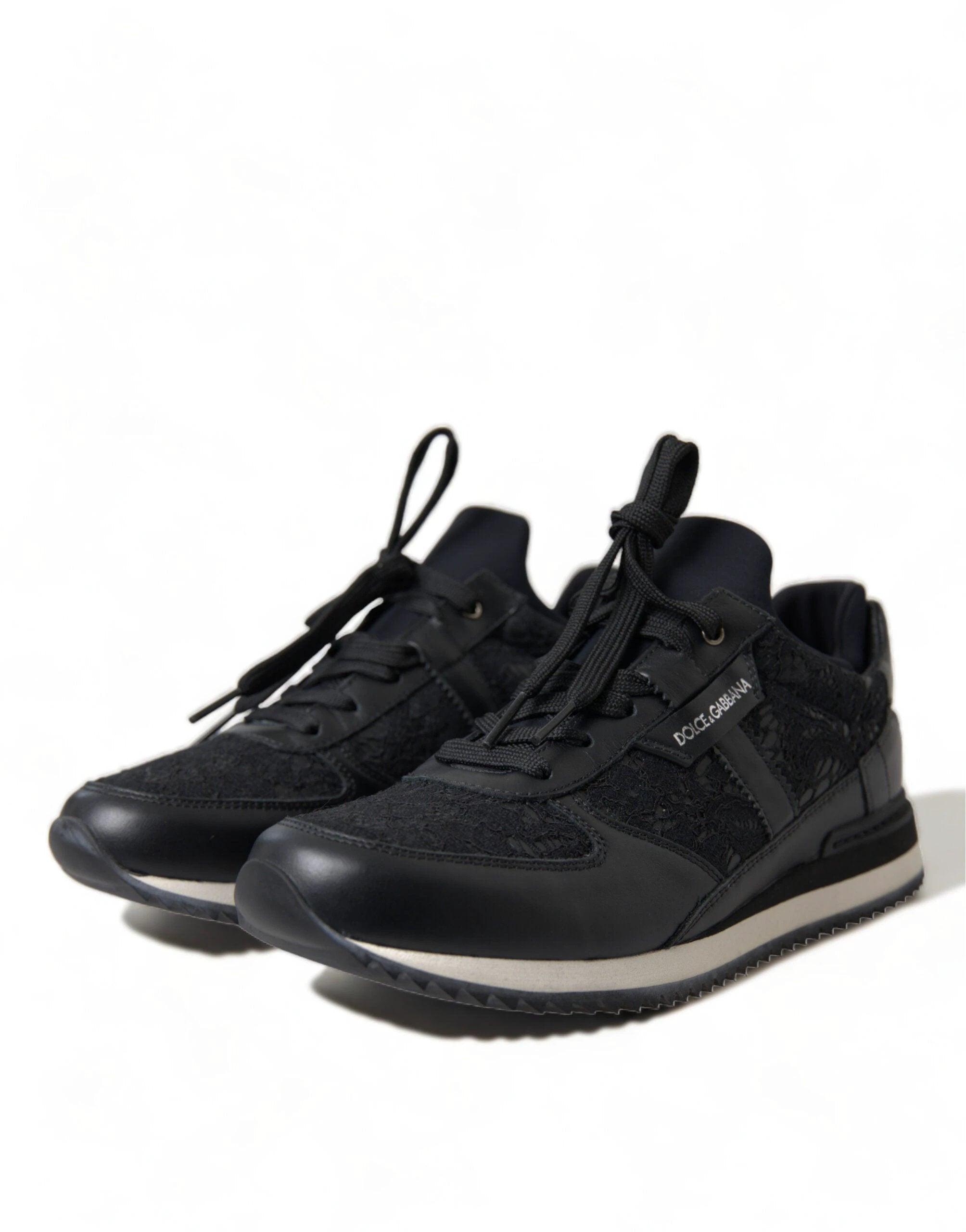Dolce & Gabbana Black Floral Lace Leather Sneakers Shoes by Dolce & Gabbana