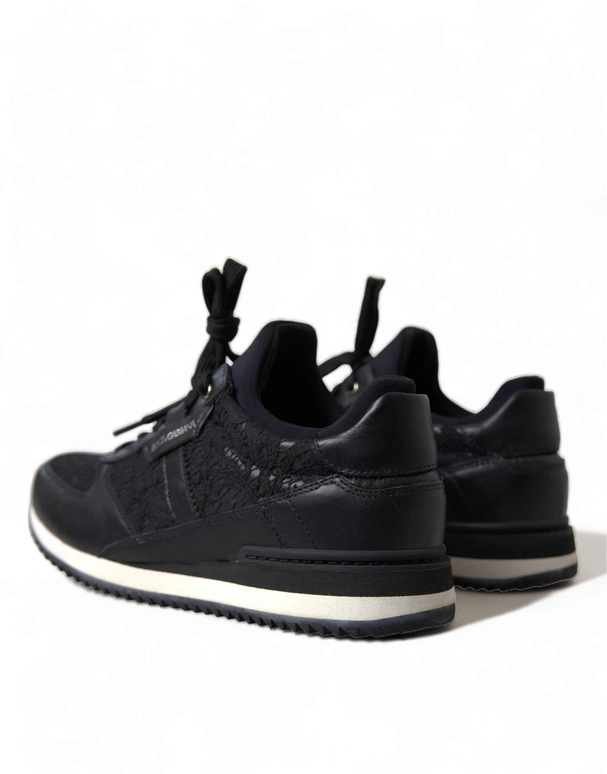 Dolce & Gabbana Black Floral Lace Leather Sneakers Shoes by Dolce & Gabbana