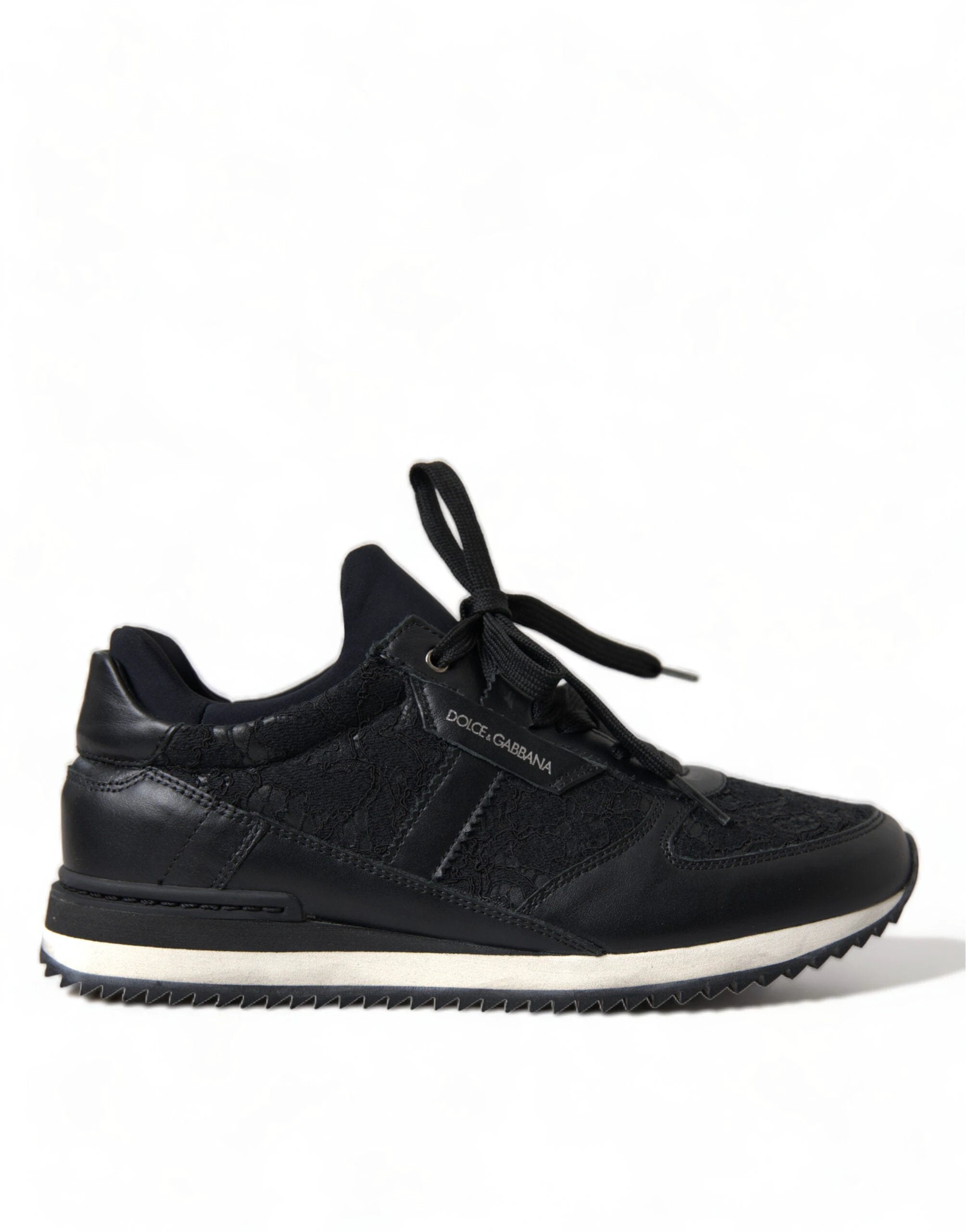 Dolce & Gabbana Black Floral Lace Leather Sneakers Shoes by Dolce & Gabbana
