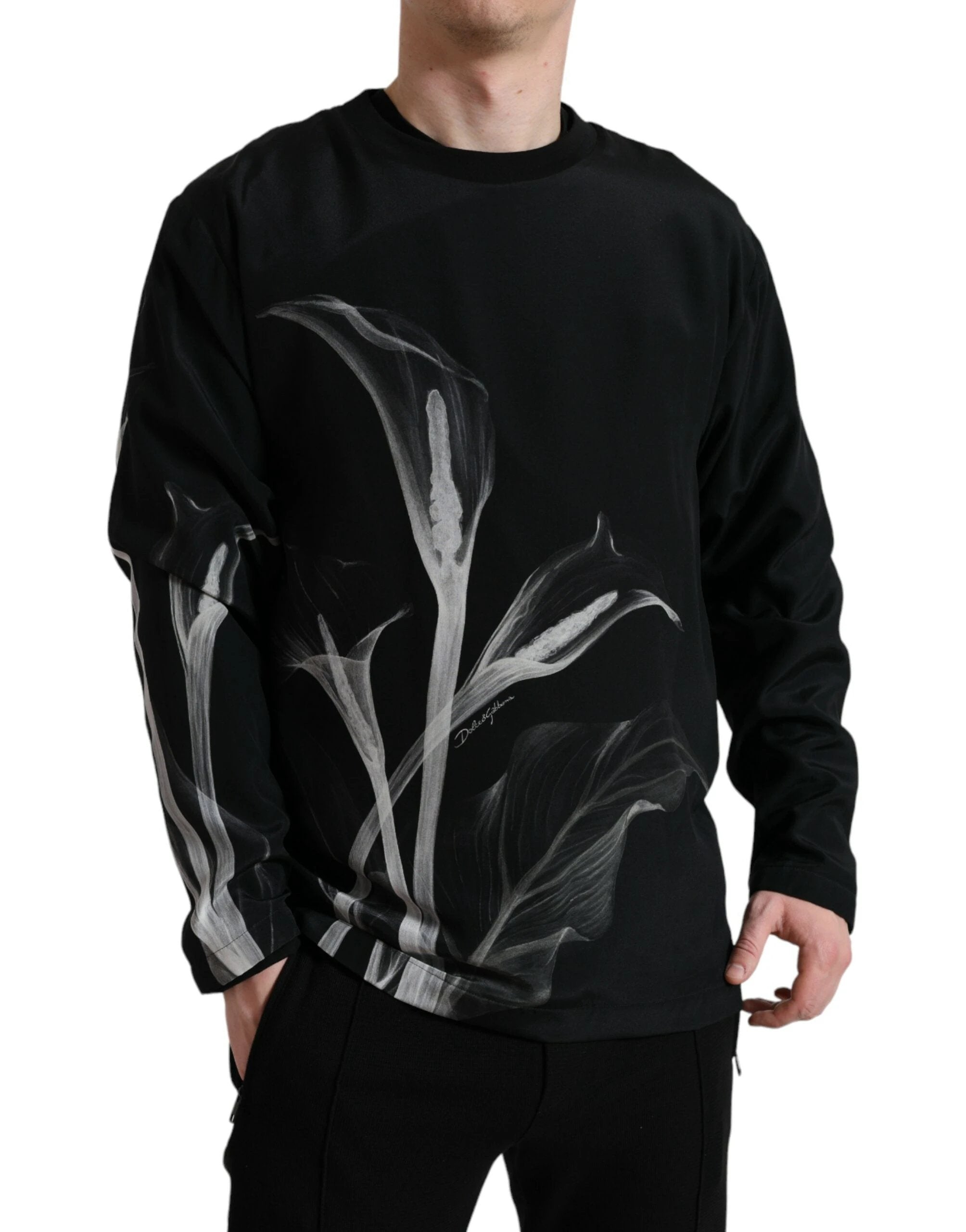 Dolce & Gabbana Black Floral Print Crewneck Pullover Sweater by Dolce & Gabbana
