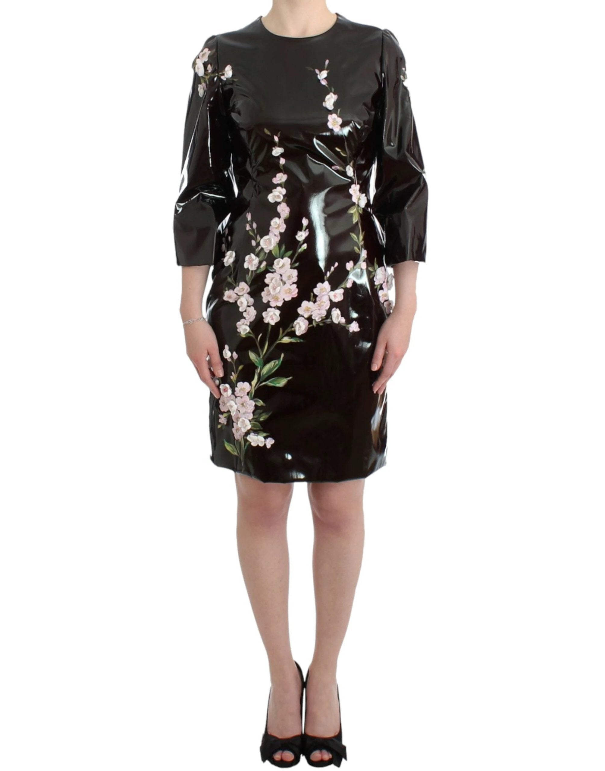 Dolce & Gabbana Black patent floral HANDPAINTED dress by Dolce & Gabbana