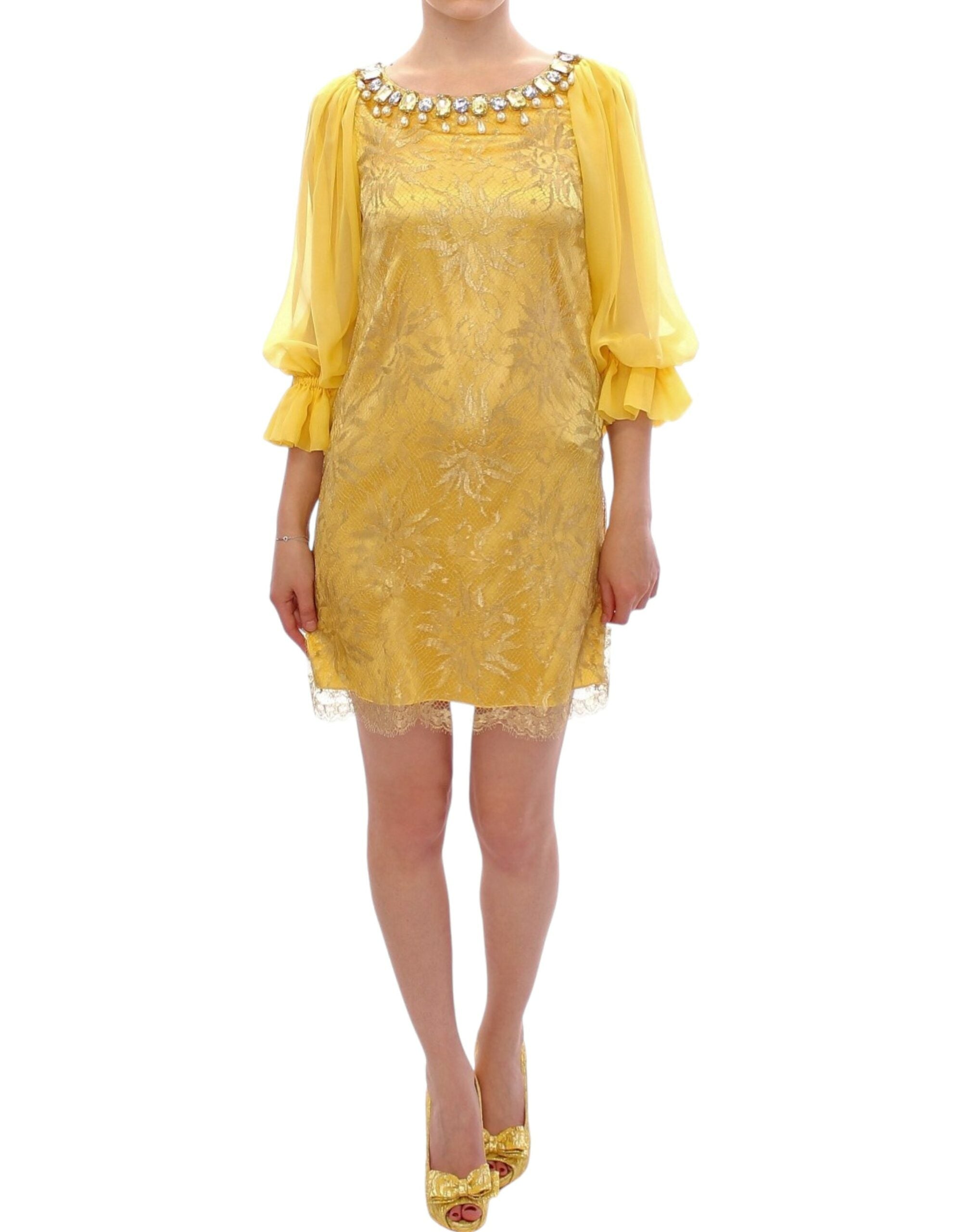 Dolce & Gabbana Yellow lace crystal mini dress by Dolce & Gabbana