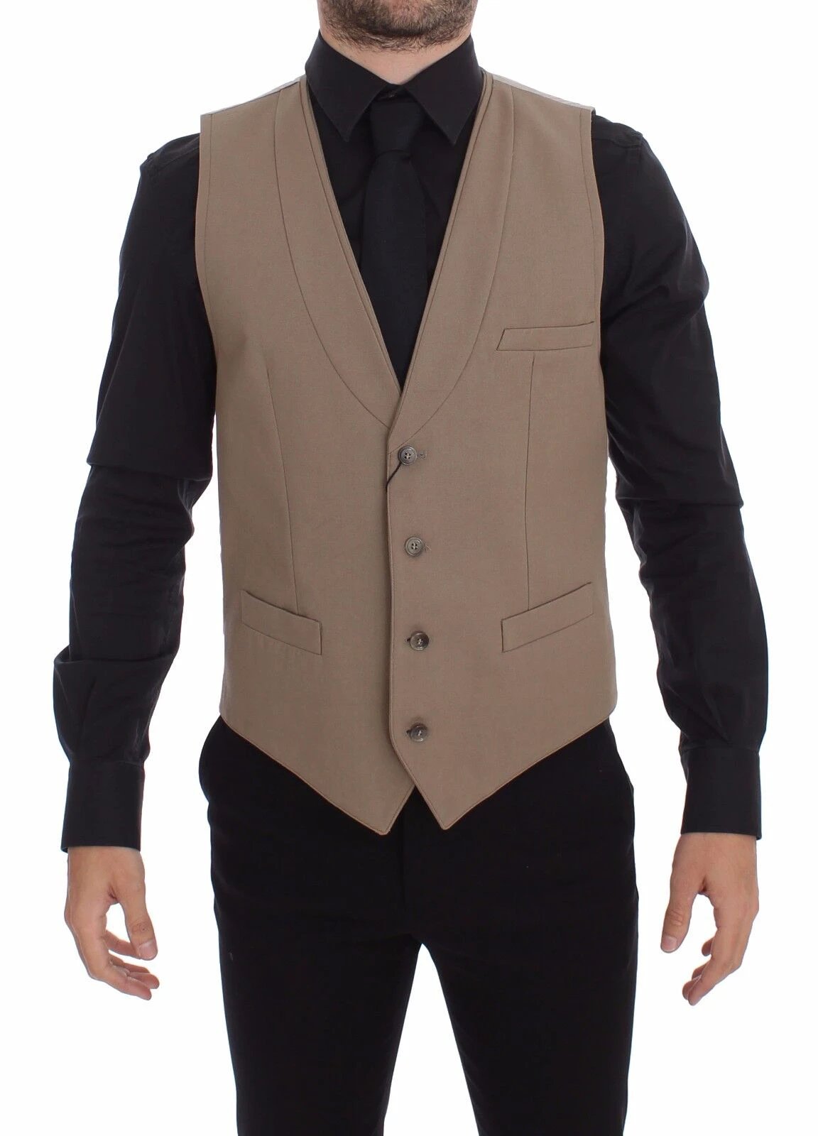 Dolce & Gabbana Beige Cotton Slim Fit Button Front Dress Vest by Dolce & Gabbana